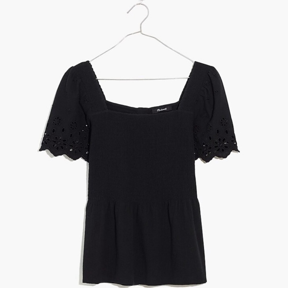 Madewell True Black Eyelet-Sleeve Lucie Smocked Peplum Top